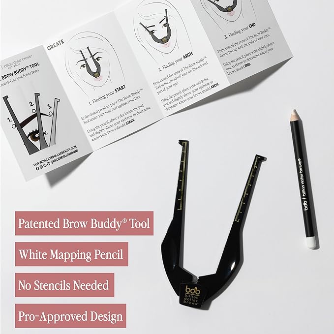 Billion Dollar Brows Brow Buddy Kit - Patented Symmetrical Eyebrow Shaping Tool and Contouring Stencil - Professional Brow Mapping Set with White Pencil for Tweezing, Waxing and Threading - 2 Pieces