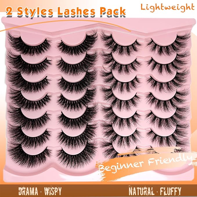 loladook Fluffy Lashes Mink Wispy Cat Eye Strip Lashes Natural Look 3D Faux Mink Eyelashes Pack C Curl Volume Soft False Eyelashes Multipack