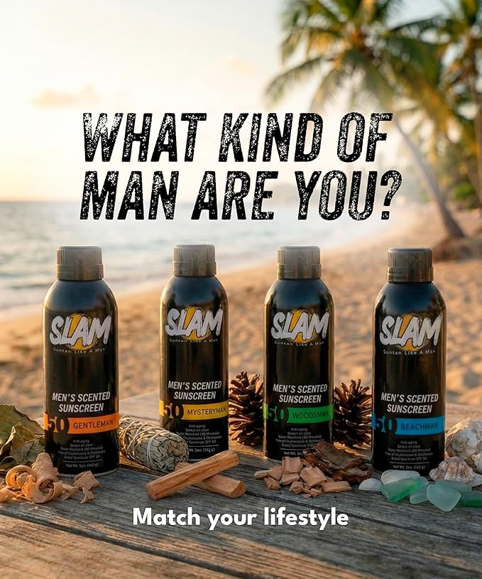 SLAM Men’s Sunscreen SPF 50 Spray - Broad Spectrum UVA/UVB Protection - Non-Greasy & No Harsh Chemicals - WoodsMan Sandalwood Teakwood Bergamot Cologne Scented - 2 Pack