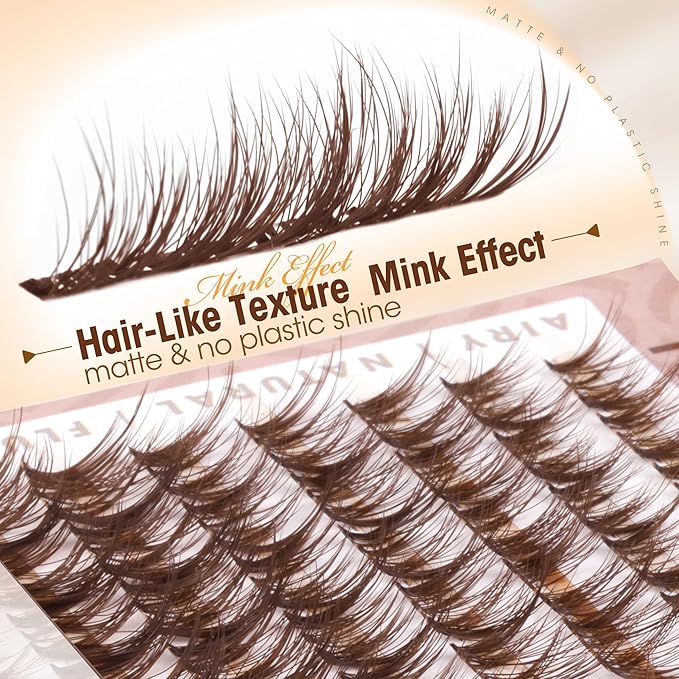 Brown Lash Clusters 10-12-14MM Natural Wispy Eyelash Extensions Airy Fluffy Spider Lash Extension with C-Curly & Ultra-Fine Clear Band for Everyday Wear, Beginer-Friendly