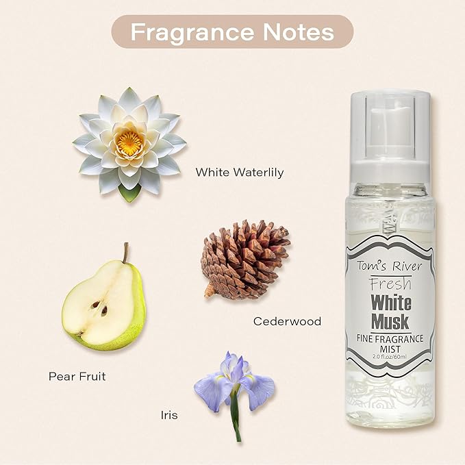 Tom's River Fine Fragrance Body & Hair Mist | White Musk Scented (Pack of 3) | For Daily Use | Travel-Friendly | 2 fl oz/ 60ml per Bottle