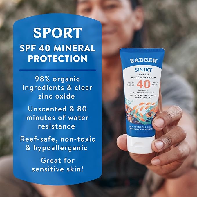 Badger Sport Mineral Sunscreen, Reef Safe, SPF 40, 98% Organic with Zinc Oxide, Water Resistant, Hawaii Reef Act 104 Compliant, Unscented & Hypoallergenic, For Sports & Adventures, 2.9 fl oz, 3-Pack