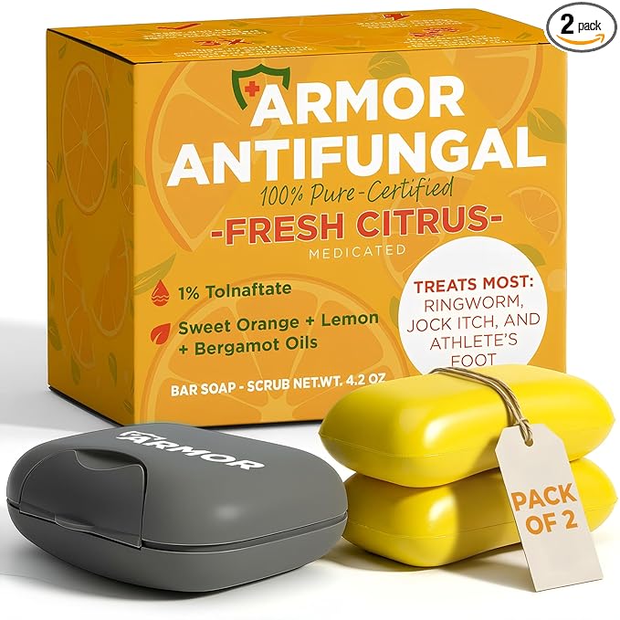 Antifungal Soap with Lemon Oil | Medicated Jock Itch Treatment Helps Fight Ringworm & Athlete’s Foot | Tolnaftate 1% Antifungal Cleansing Bars with Case | Infused with Sweet Orange & Grapefruit Oils