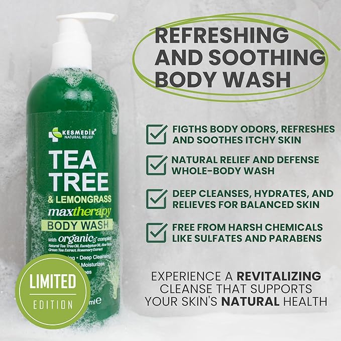 KESMEDIK Tea Tree Lemongrass Body Wash MaxTherapy, Itchy Skin Relief, Antifungal Defense, Fights Body Odor, Soothes Jock Itch & Athlete's Foot, Intimate Wash, Men & Women, 2-Pack, Limited Edition