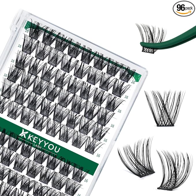 Lash Clusters 96pcs Individual Lashes Y01 D Curl 16mm Cluster Lashes KEYYOU Volume Wispy Lash Extension Soft&Comfortable Easy DIY at Home(Y01,D-16mm)