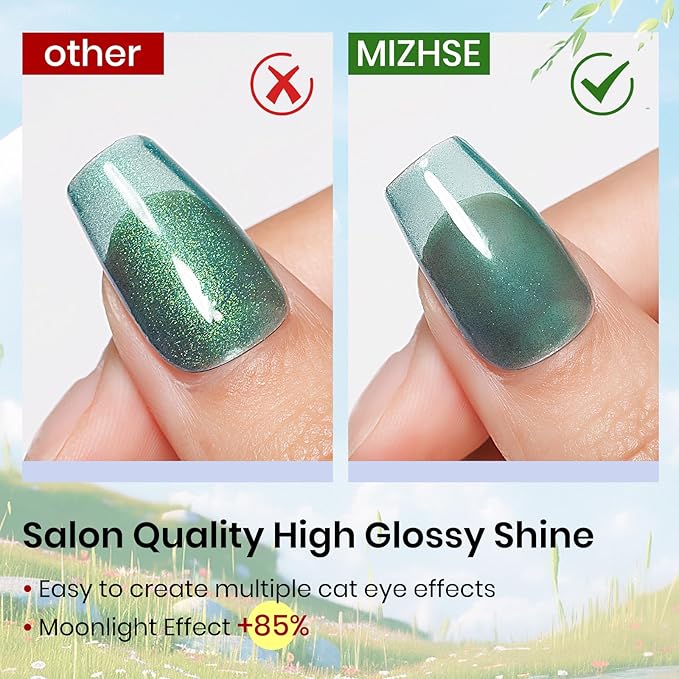 MIZHSE Cat Eye Gel Polish Set, 6 Colors Holographic Magnetic Gel Polish Set with Magnet Stick, Glitter Pink Green Blue Purple Magnetic French Nails Nail Polish Kit Gift Set for Women