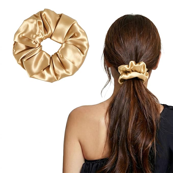 ZLYC 100% Mulberry Silk Hair Tie Scrunchie 19 Momme Gentle Creaseless Dent-Free Ponytail Holder for Women, 6cm Solid Champagne Gold