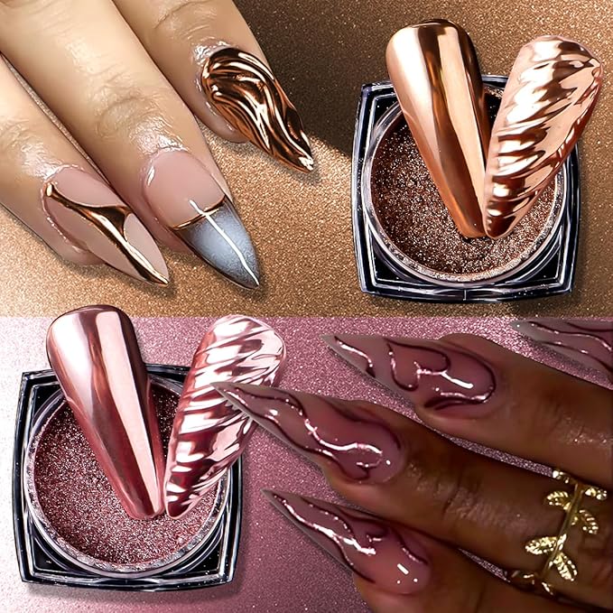 6 Colors Chrome Nail Powder Kit, Rose Gold Bronze Black Chrome Powder for Nails, Magic Mirror Effect Pigment Metallic Rubbing Dust Fine Glitter Powders for Gel Polish Nail Art Decoration