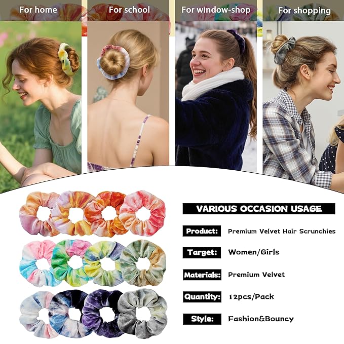12 Pcs Scrunchies for Women, Tie Dye Velvet Scrunchies for Hair, Soft Elastic Hair Bands for Girls, Rainbow Colorful Ponytail Holder for Teens Favors(Rainbow Tie-Dye)