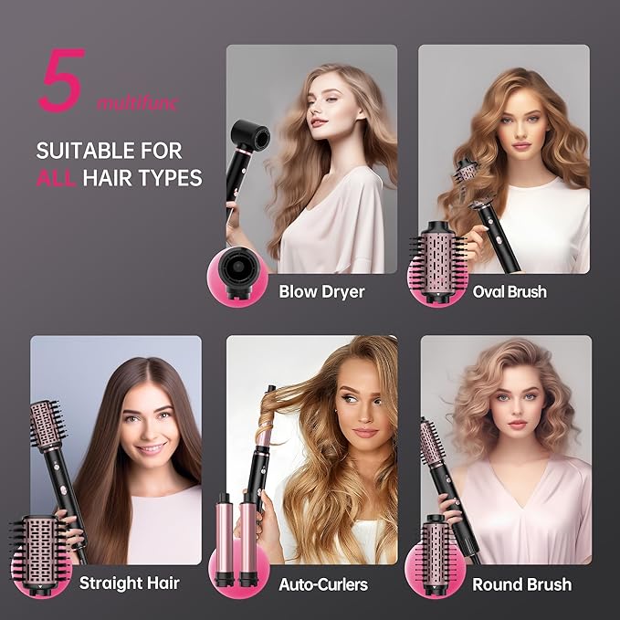SKIMI 110,000 RPM Brushless Motor Hair Dryer Brush - 5 Multi-Styler for Fast Drying, Curling, Volumizing & Straightening | High-Speed Hot Air Brush for All Hair Types (Black & Red)