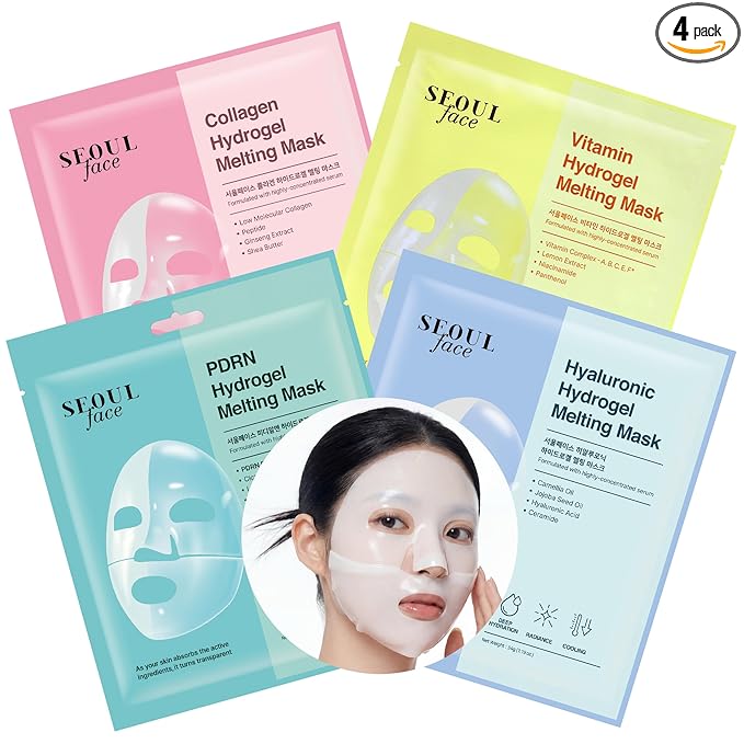 DERMAL Hydrogel Melting Mask Variety Pack 4 Sheets - Korean Overnight Face Mask Set with Collagen, Hyaluronic, PDRN, Vitamin - Glass Skin Jelly Gel for All Skin Concerns - K-Beauty Ritual