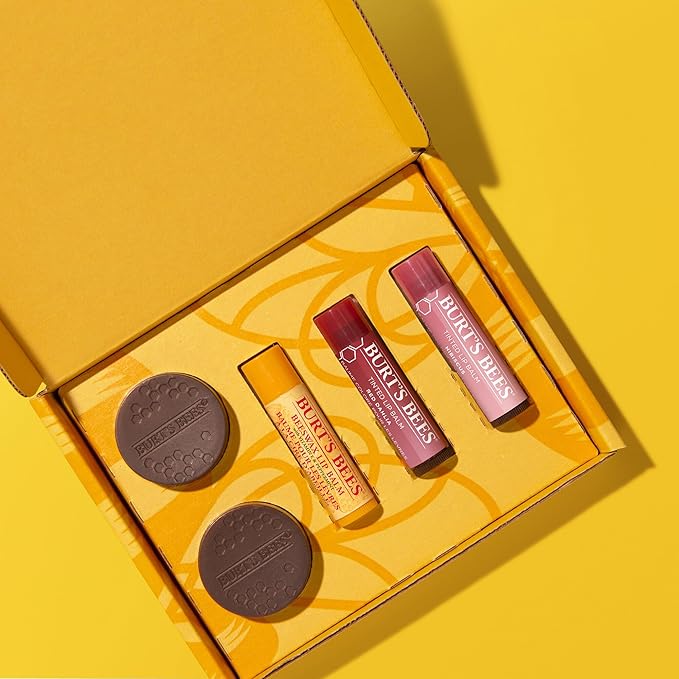 Burt's Bees Lip Care & Color Gifts Kit - Original Beeswax Moisturizing Lip Balm, Hibiscus & Red Dahlia Tinted Stain + Balm Duos, Conditioning Scrub & Overnight Sleeping Mask Exfoliator
