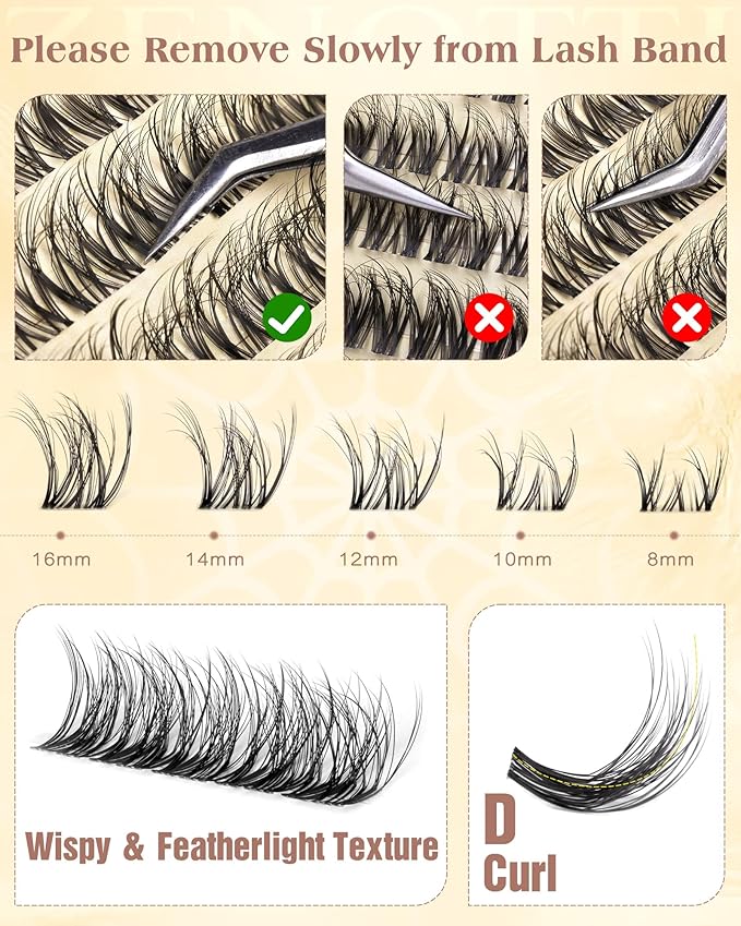 Natural Lash Clusters Spider Lashes Cluster Breeze Wispy Cluster Eyelash Extensions Venus Individual Lashes with Invisible Clear Band DIY Lash Extension for Lash Beginners 8-16mm D Curly by zenotti