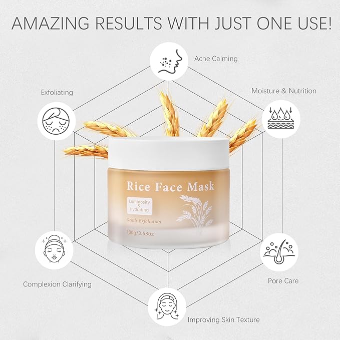 Rice Face Mask, Gentle Exfoliating Wash Off Facial Mask for Dull, Rough Skin, Pore Clearing, Remove Dead Skin Cells for All Skin Types 3.53 Fl Oz
