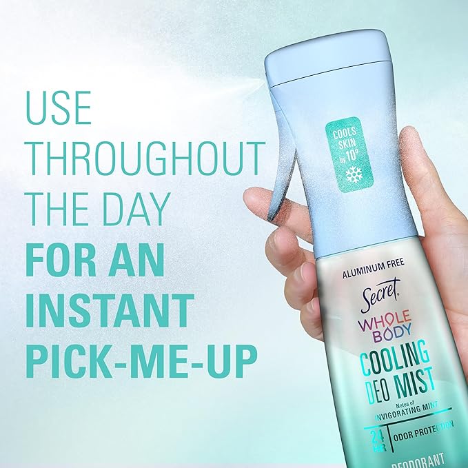 Secret Cooling Aluminum Free Whole Body Deodorant Mist for Women, 24hr Odor Protection, Instant Cooling Relief, Soothes & Revitalizes Skin, PH Balanced Formula, Invigorating Mint Scent, 5.2 fl oz