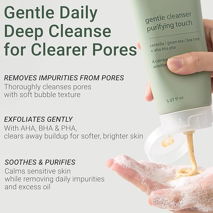 Korean Double Cleanse Duo Set – Pore Purifying Cleansing Oil & Gentle Face Wash, Mild Acid Complex, Sensitive Skin, w/ Centella Tea Tree & Green Tea, LHA AHA BHA PHA for Gentle Exfoliation Acne Care