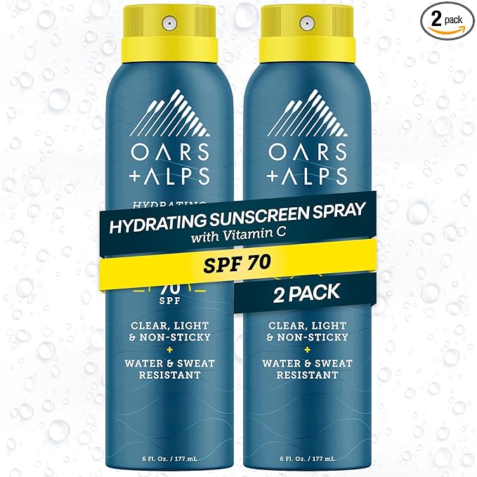 Oars + Alps SPF 70 Face & Body Broad Spectrum Sunscreen Spray | Fast-Absorbing, Lightweight, Non-Greasy, Hawaii Reef Act 104 Compliant, Water-Resistant, Octinoxate + Oxybenzone Free, 6 Oz, 2 Pack