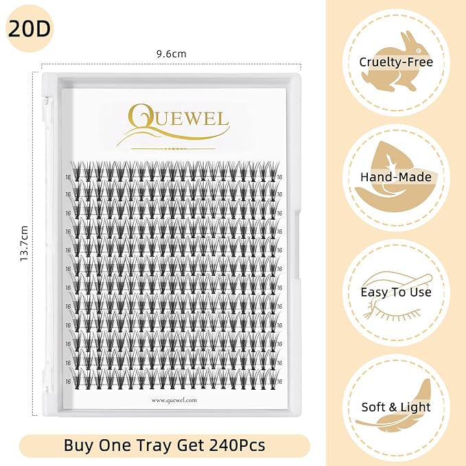 QUEWEL Cluster Lashes 240Pcs Individual Lash 20D 0.07D Curl 16mm Knot-Free Lash Extensions Clusters Lashes Soft&Natural False Eyelashes Individual DIY Eyelash Extension at Home(20D 0.07D 16)
