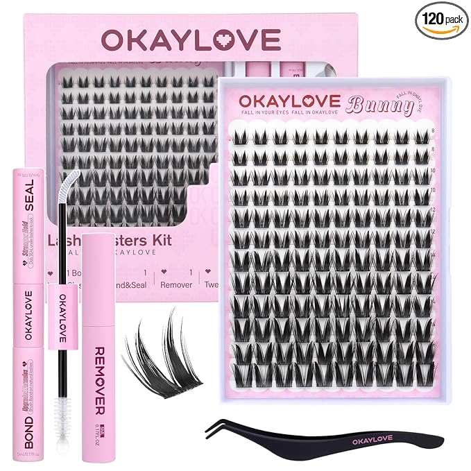 OKAYLOVE Manga Lash Clusters Kit, BUNNY 8-18mm Anime Cluster Eyelash Extensions Kit, 120pcs Fairy Wipsy Lashes Clear Band Natural Eyelashes with Bond and Seal, Remover, Tweezers