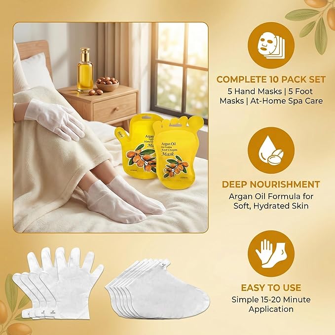 Elitzia Argan Oil Hand Mask & Foot Mask Set 10 Packs (5 Socks & 5 Gloves) Deep Nourishing Moisturizing Hydrating Gloves for Dry Cracked Rough Hands & Feet Self-Care Home Spa for Women Seniors ETAO10