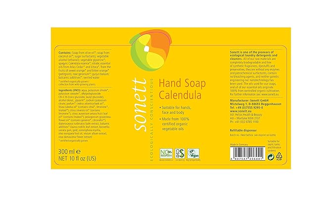 Sonett Organic Hand Soap Calendula Liquid Body Care suitable for hands, face and body (1 Count) Certified Organically Grown