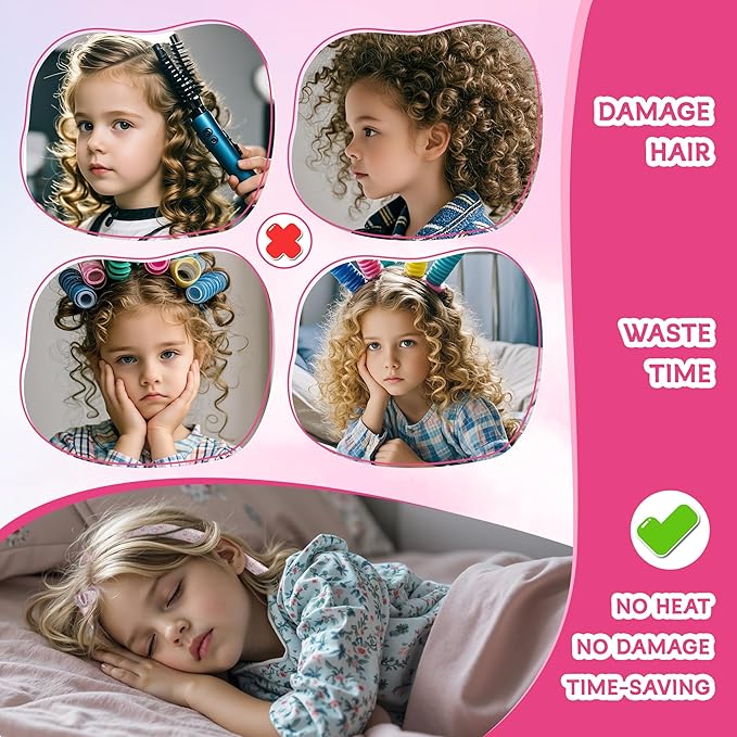 Girls Heatless Curls Overnight, Kids Unicorn Hair Rollers with Hair Clips, Hair Accessories for Little Girls & Teenage & Sister, Birthday Gifts Trendy Stuff - Pink