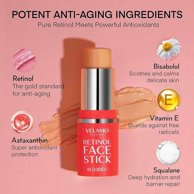 VELAMO ADVANCED Retinol Face Stick – Reduces Fine Lines, Wrinkles & Uneven Texture in 4–8 Weeks – For Mature Skin, Women & Men – 0.28 OZ/8g