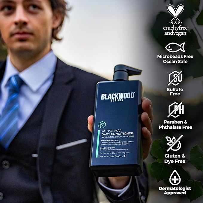 BLACKWOOD FOR MEN Active Man Daily Hair Conditioner for Men, Thickening Conditioner, Deep Nourishing Treatment for Shine, Hair Loss & Dandruff - Natural Vegan Formula Sulfate-Free, Paraben-Free,17 oz