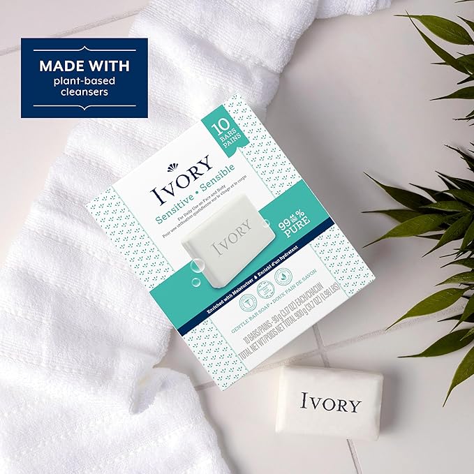Ivory Sensitive Bar Soap, Designed for Whole Family, Fragrance Free, 99.44% Pure Formula, Plant-Based Cleanser, Made Without Heavy Perfume, Parabens, Phthalates, For All Skin Types, 3.17 oz (10 Count)