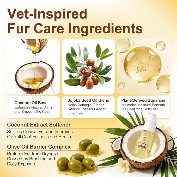 Pet Coat Care Oil, Coconut & Jojoba Infusion | Nourishing Serum to Reduce Stubborn Knots, UV Heat Shield; Anti-Static Lipid Repair for Dry Damaged Fur, Lick-Safe Treatment Dogs Cats, 1.69 fl. oz