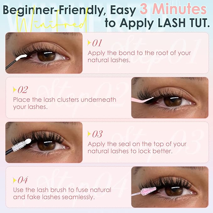 Winifred Natural Fluffy Lash Clusters Kit 3D Wispy Eyelash Clusters Light Volume Eyelashes DIY Lash Clusters 10-16mm Lash Extension Kit D Curve Hyrid Lashes With Lash Bond and Seal,Lash Tweezers