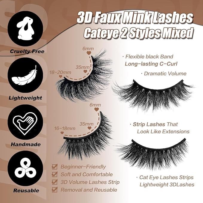 Mink Lashes Cat Eye 3D Faux Mink Fluffy Eyelashes 18mm Dramatic Volume Fake Cat Eyelashes Full Strips Lash C Curl False Lashes Strips Mink Lash Pack 20 Pairs 2 Styles Mixed YH312