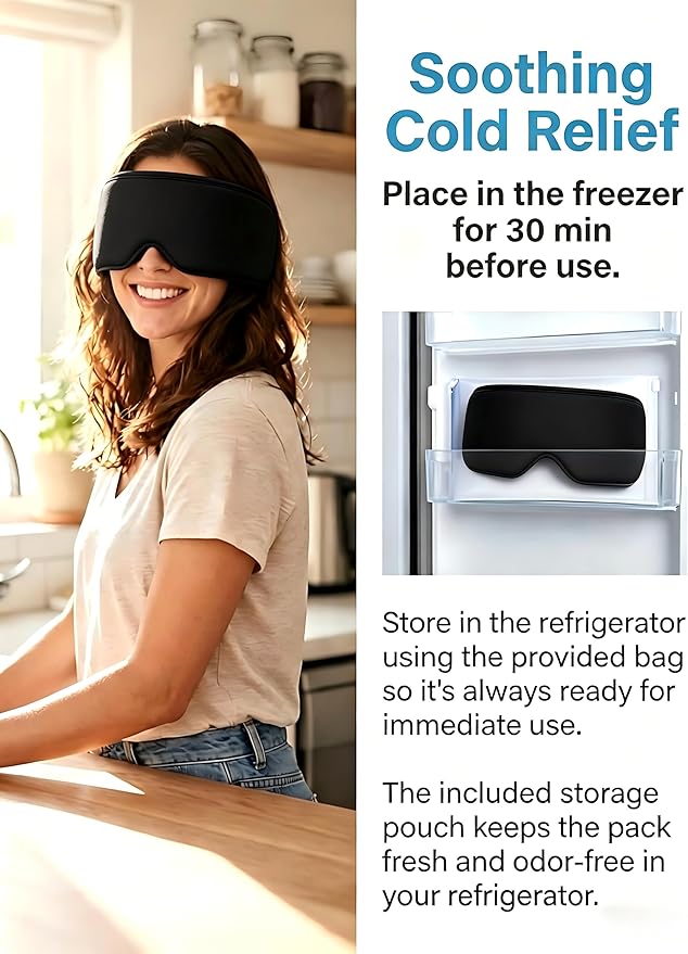 FACEMOON Ice Cold Packs for Eye Compress: Cooling Relief for Puffy Eyes Headache Migraines Stye Dry Eyes Therapy - Large Gel for Long Lasting Comfort Reusable Flexible, 2 pcs for Family Blue Black
