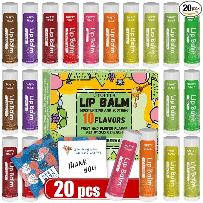 20 Pack Natural Lip Balm Bulk with Vitamin E and Coconut Oil Valentine's Best Choice - Moisturizing, Soothing, and Repairing Dry and Chapped Lips - 10 Flavors - Non-GMO