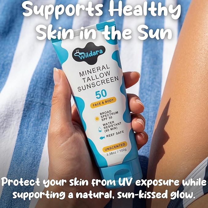 Beef Tallow Sunscreen SPF 50 – Mineral Sunscreen for Face & Body, Unscented, Reef Safe Sunscreen Lotion, Water Resistant, Zinc Oxide, Made in USA