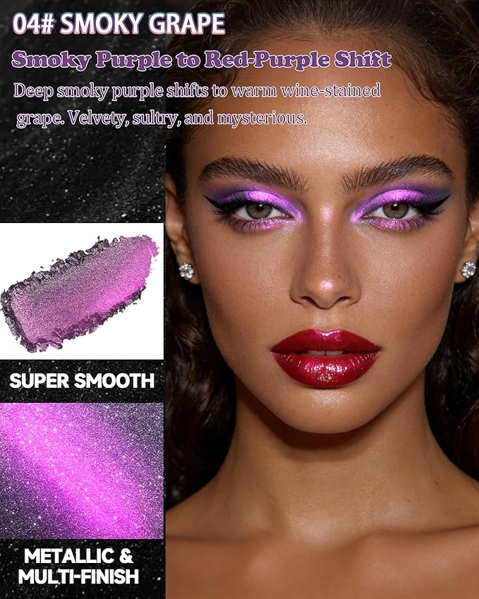 Chameleon Duochrome Glitter Eyeshadow Palette, Holographic Shimmer Single Eye Shadow Palettes, Color Shift Sparkle Iridescent, Multichrome Metallic Eye Brightener Highlighter Makeup-04 Smoky Grape