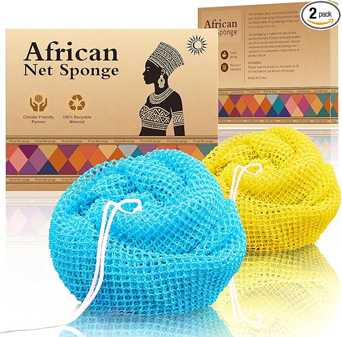 Authentic African Net Sponge - 2 Pieces Deep Clean Exfoliating Sponge - Soft Weave for Gentle Exfoliation, All-Skin-Type Shower Accessory (Yellow Blue)