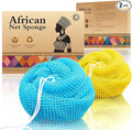 Authentic African Net Sponge - 2 Pieces Deep Clean Exfoliating Sponge - Soft Weave for Gentle Exfoliation, All-Skin-Type Shower Accessory (Yellow Blue)