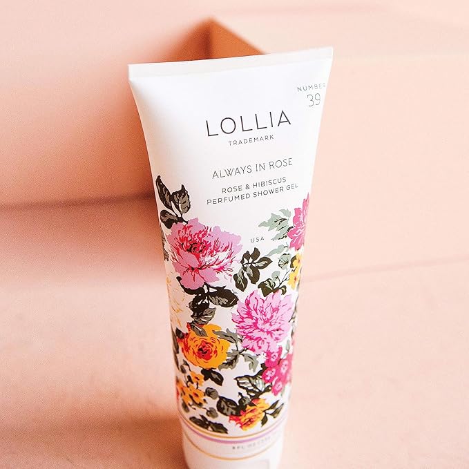 LOLLIA Always In Rose Shower Gel, 8 fl. oz., Luxury Moisturizing Body Wash for Women, Lightly Rose & Hibiscus Scented Liquid Soap