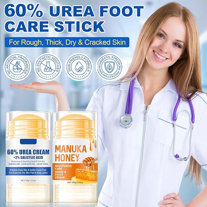 NovaCharm Urea Cream Stick 60%, 2PCS Aloe Vera & Honey Cracked Heel Repair Stick Balm, Maximum Strength Urea Cream for Feet, Foot Lotion for Dry Hands & Rough Knees, Callus Remover - Smoothing Skin
