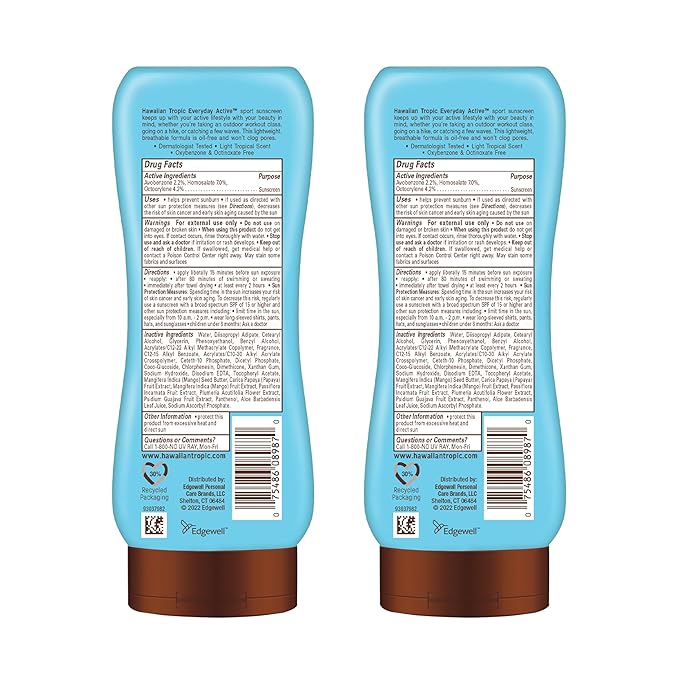 Hawaiian Tropic Everyday Active Lotion Sunscreen SPF 30, 8Fl Oz Twin Pack, Hawaiian Tropic Sunscreen SPF 30, Sunblock, Oxybenzone Free Sunscreen, Broad Spectrum Sunscreen Pack, 8Fl Oz each