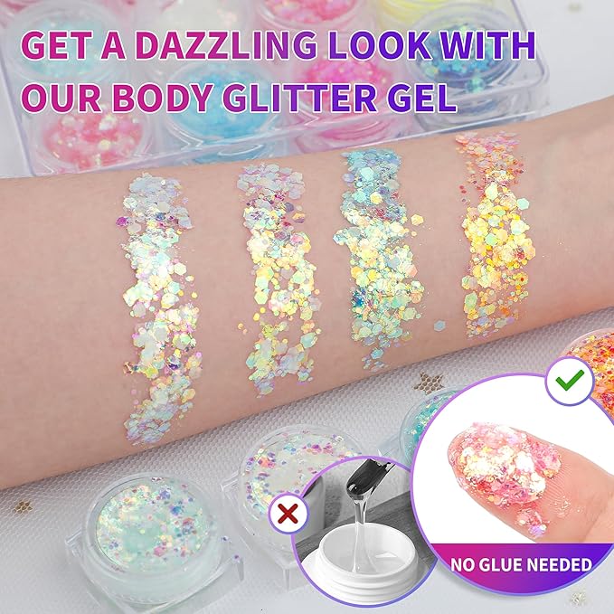 Glow in The Dark Body Face Glitter Gel for Women, 6 Colors Glitter Gel Makeup Chunky Fine Glitter, UV Black Light Accessories for Body/Face/Hair/Eyeshadow, Carnival Party(Not Loose Glitter)
