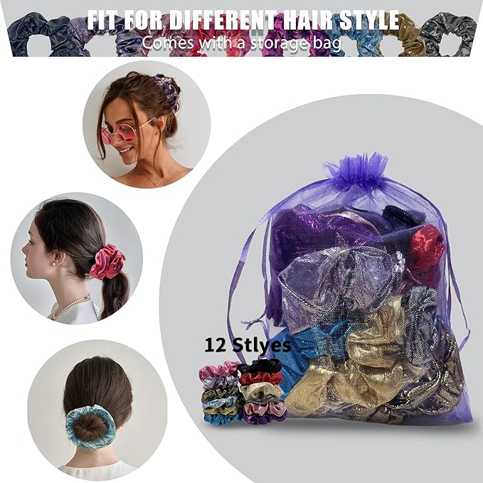 12 Pcs Scrunchies for Women, Satin Hair Scrunchie Bulk, Shiny Metallic Elastic Hair Bands, Glitter Ropes Hair Accessories for Gym Dance Party Club(Sparkly Metallic)