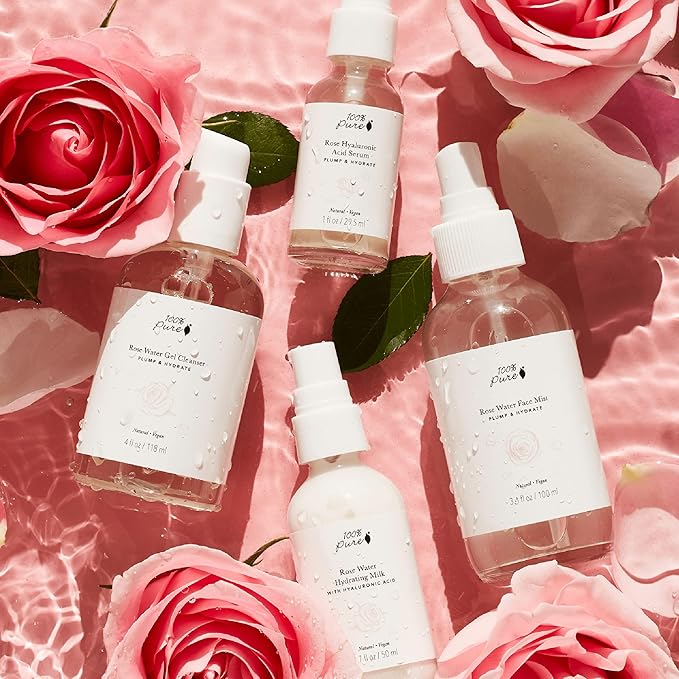 100% PURE Rose Water Hydrating Milk - Lightweight Face Moisturizer with Hyaluronic Acid & Squalene to Soothe and Replenish Dry, Dehydrated Skin - Vegan - 1.7oz