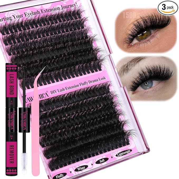 Yawamica Fluffier Lash Clusters Kit 150D+200D Thick Volume Lash Extension Kit 14-20mm Wispy Eyelash Clusters Individual Lashes Kit with Lash Bond, Lash Remover, Lash Applicator for DIY Lash Extension