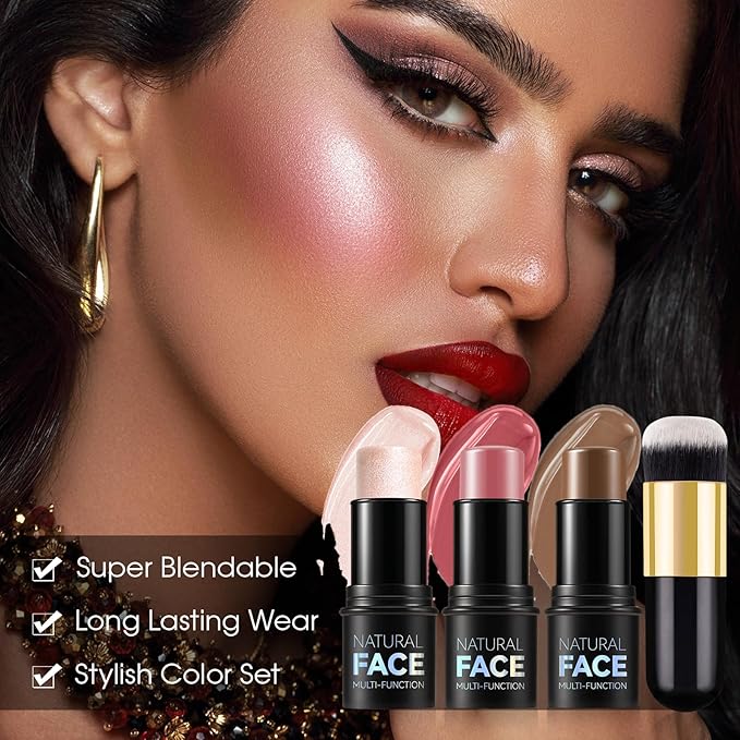 3Pcs Cream Contour Kit - Cream Blush, Highlighter, Contour Bronzer for Cheeks, Waterproof Long Lasting Blendable, Contour Stick Trio for Face Makeup (#02, 05, 06)