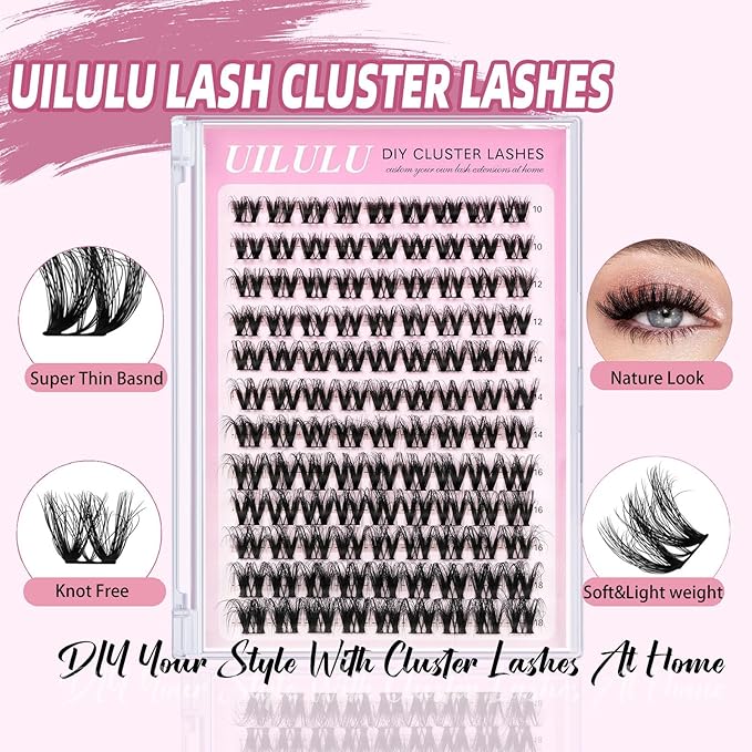 Uilulu Lash Clusters D Curl Fluffy Clusters Lashes 0.07D 10-18 MIX 108 Eyelashes Individual Lashes DIY Lash Extensions at Home False Lashes Wide Band Natural Eye Lash Clusters