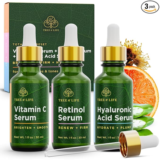 Tree of Life Face Serum Set - Vitamin C, Retinol & Hyaluronic Acid for Brightening, Firming & Hydrating - Anti Aging Skin Care Set - Dermatologist Tested - 1 Fl Oz (Pack of 3) - Mothers Day Gifts