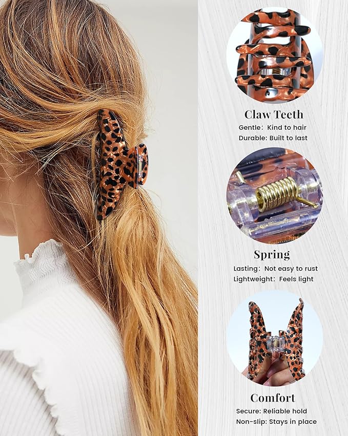 Mesovor 4 Pack Acrylic Hair Clips Claws, Nonslip 3.94" Large Hair Grip Hairclips for Thin and Thick | French Banana Barrettes Hair Strong Hold Hair Jaw Clamps (Small Leopard)