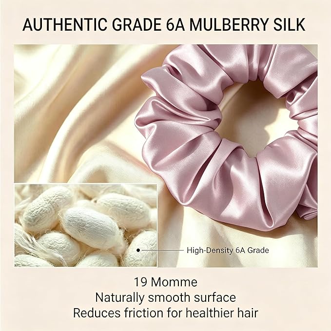 ZLYC 100% Mulberry Silk Scrunchie 19 Momme Gentle Creaseless Hair Tie for Women Dent-Free Ponytail Holder, 3.5cm Solid Pale Dusty Pink